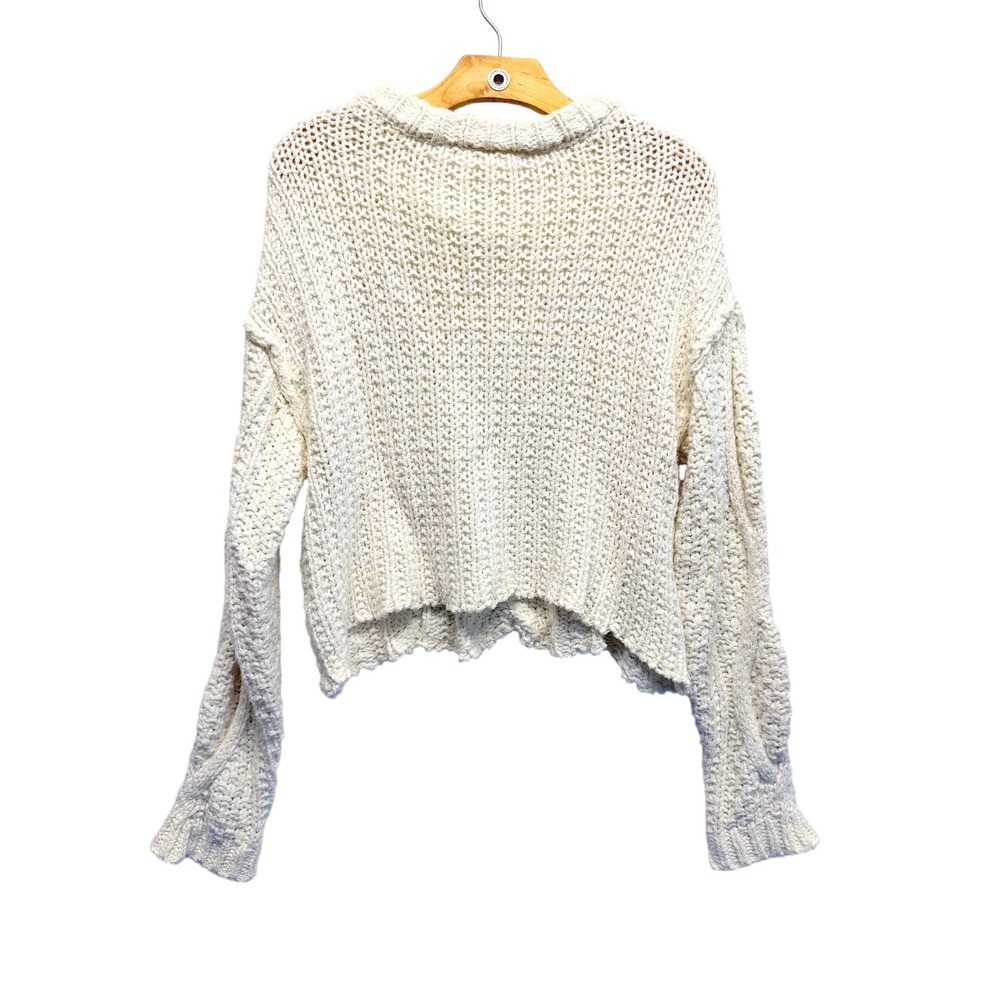 Free People Cream Chunky Cable Knit Cropped Sweater Roll Neck Boho Relaxed - Picture 7 of 7